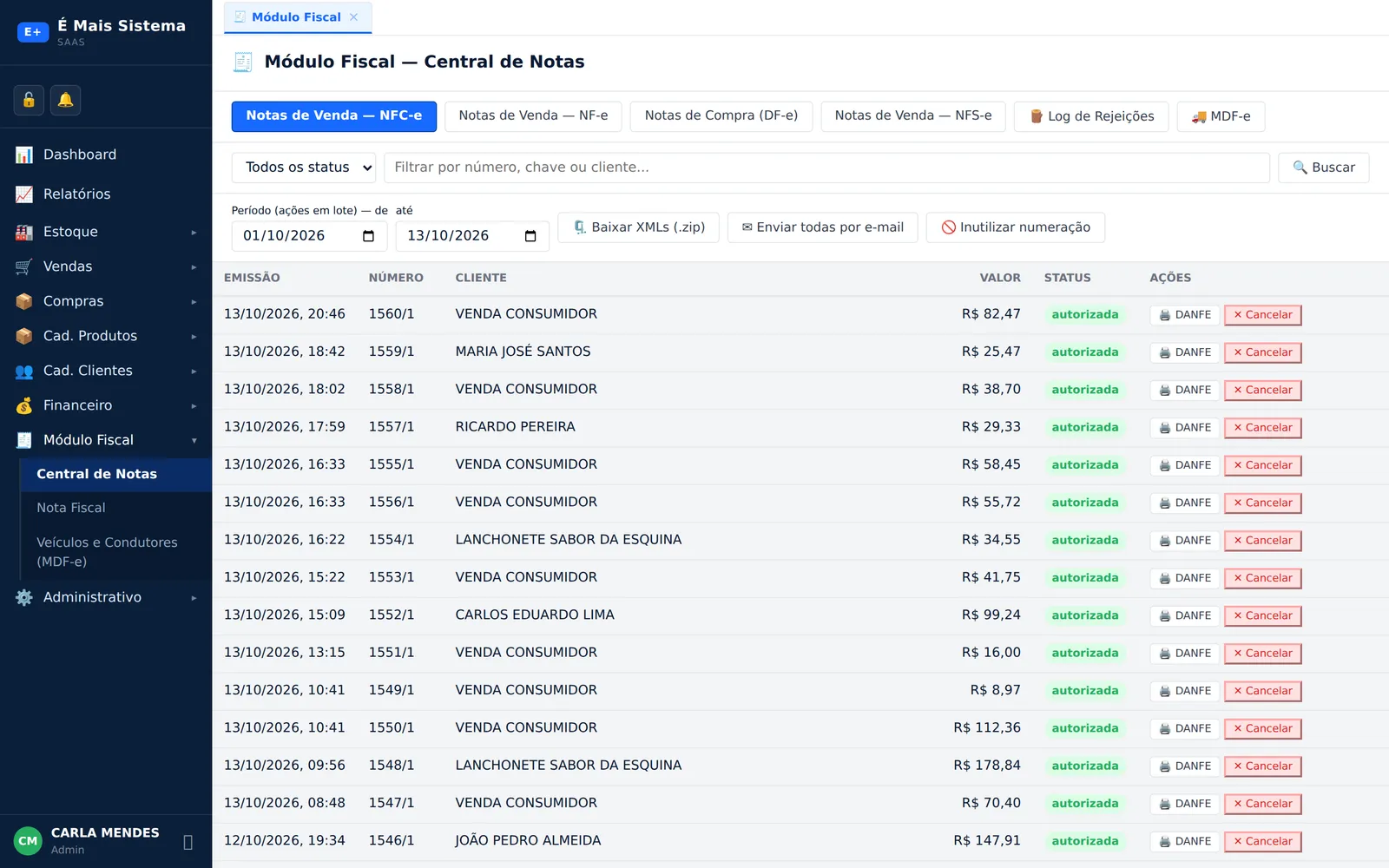 Central de Notas com NFC-e autorizadas, número, cliente, valor e botões de DANFE e cancelamento