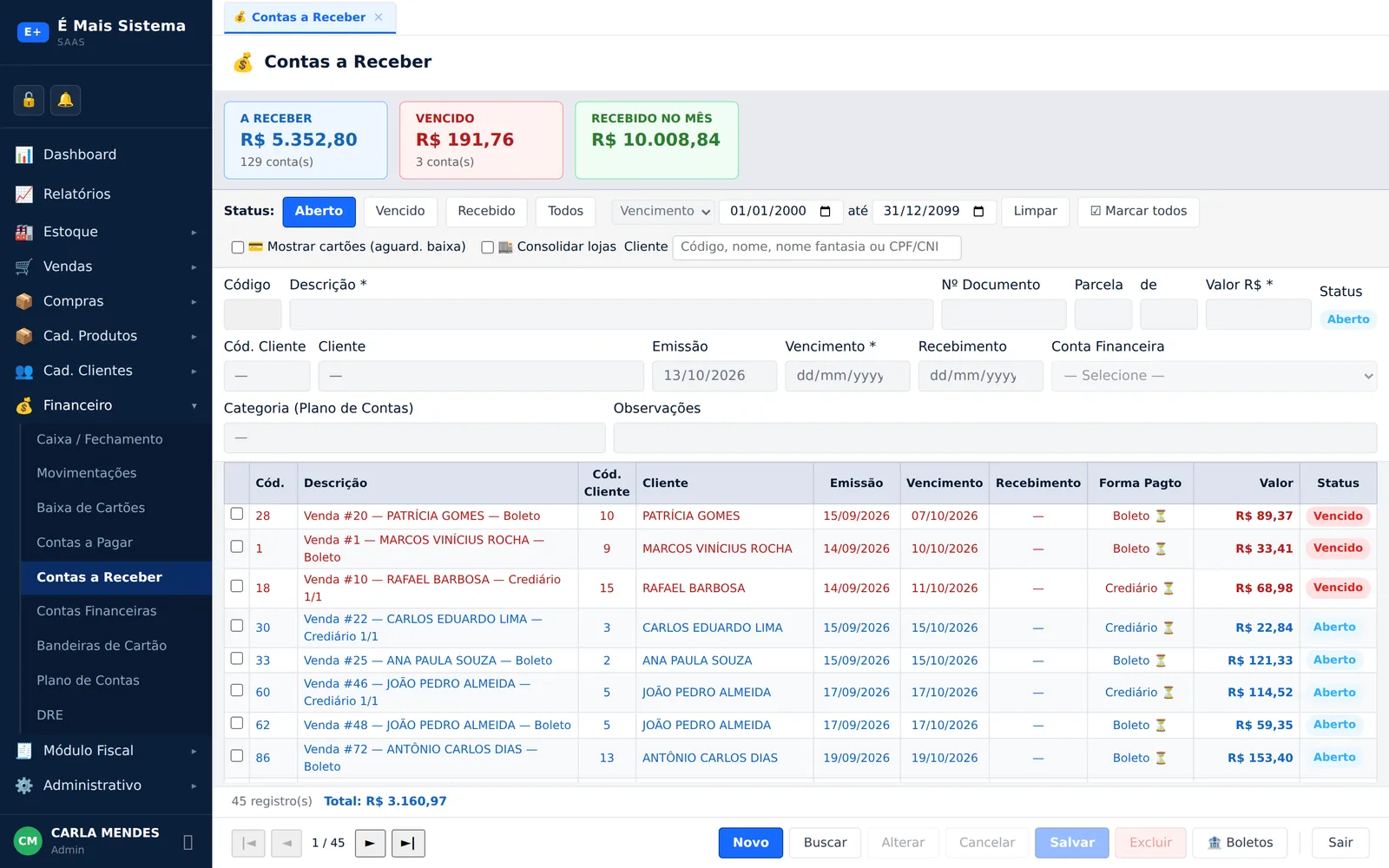 Contas a Receber com totais a receber, vencido e recebido no mês e lista de boletos e crediários