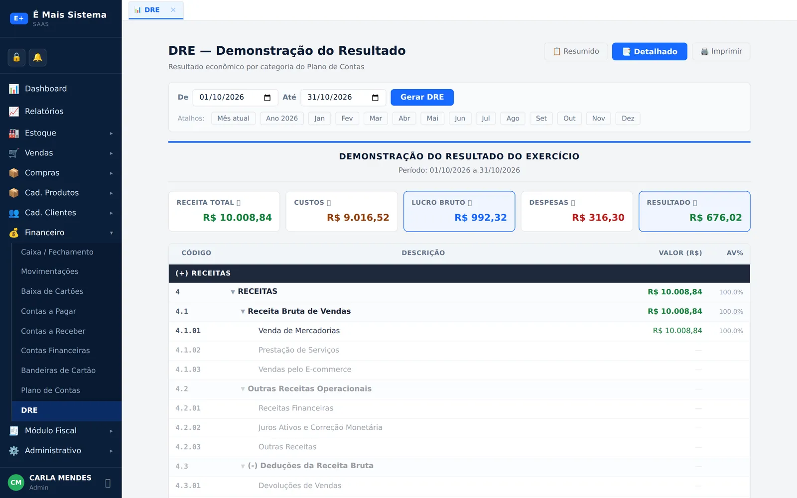 DRE — Demonstração do Resultado do mês com receita, custos, lucro bruto, despesas e resultado