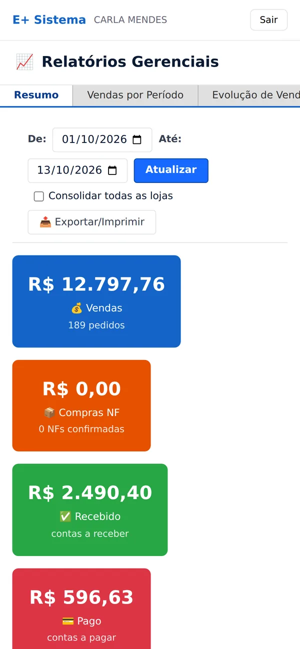 Relatórios gerenciais do É Mais Sistema no celular