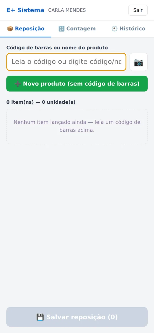Reposição de estoque no celular com leitura de código de barras pela câmera