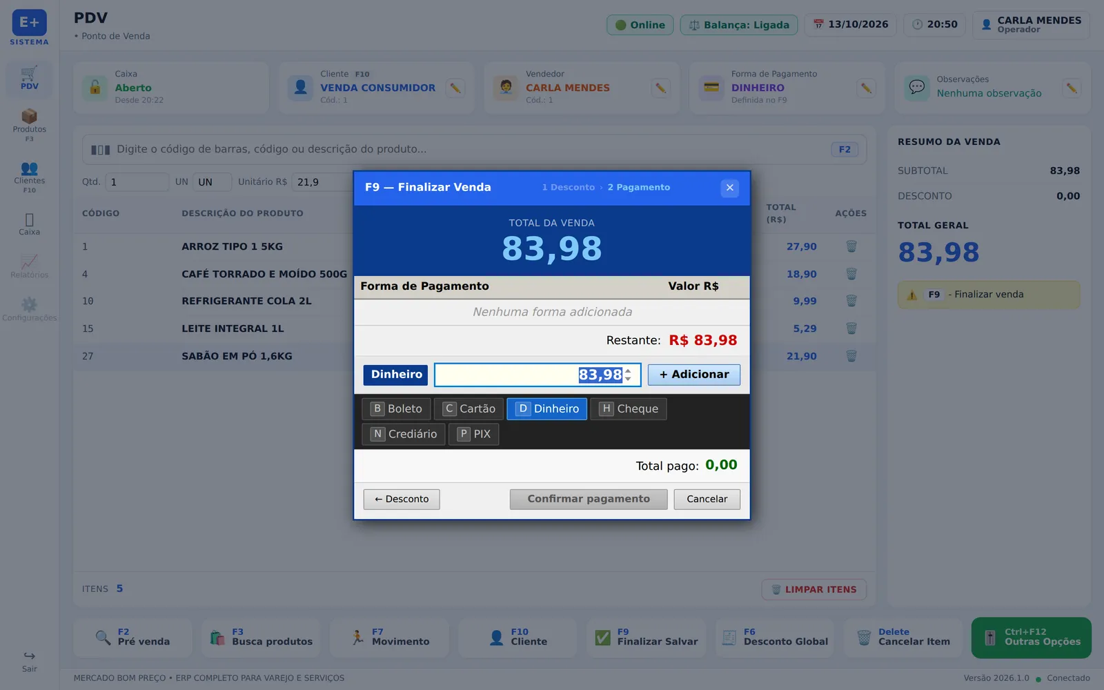 Finalização da venda no PDV com as formas de pagamento boleto, cartão, dinheiro, cheque, crediário e Pix